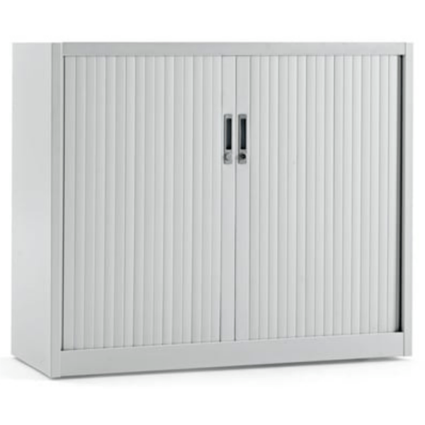 Armoire basse métallique à rideaux – 2 tablettes dossiers suspendus