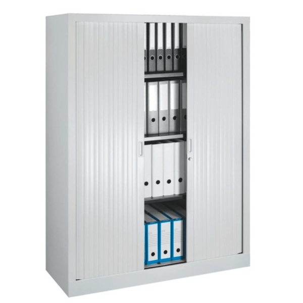 Armoire haute à rideaux grise – 4 tablettes